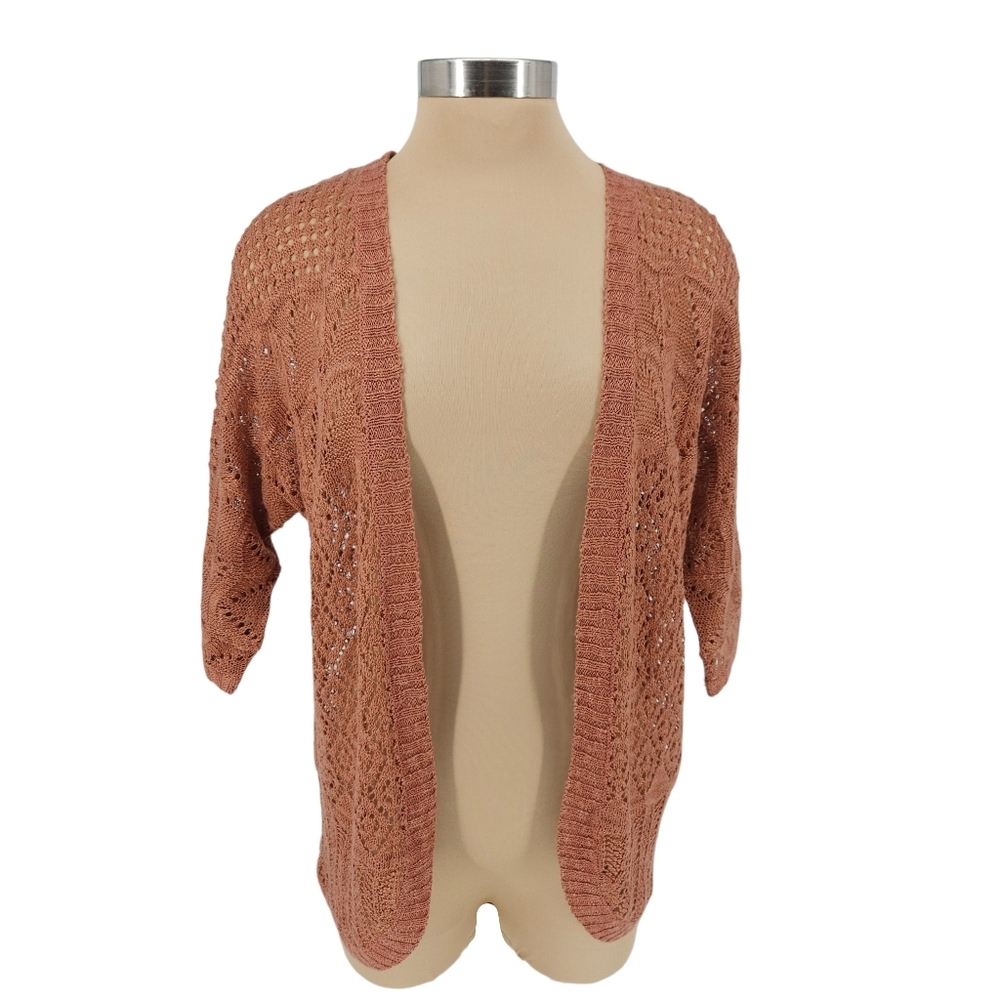 Pink Rose Crochet Cardigan Sweater 3/4 Sleeve Open Front Lightweight Knit Small